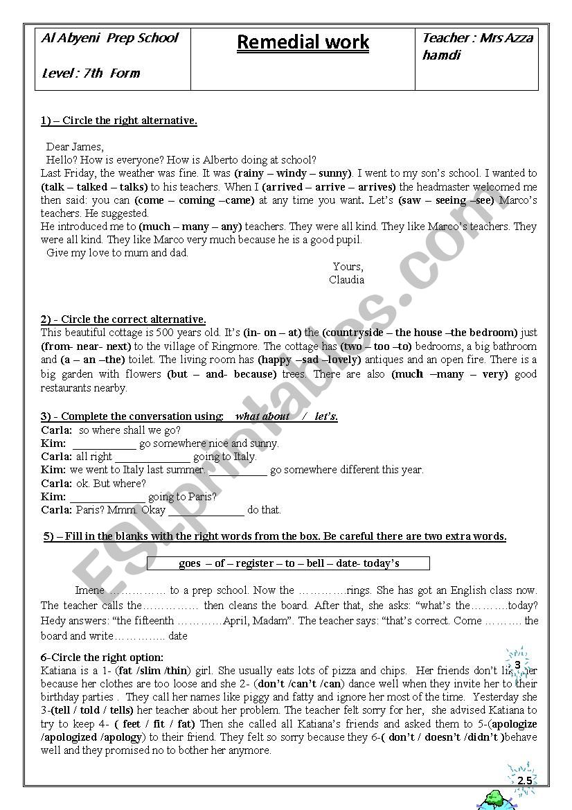 remedial work for 7th formers worksheet