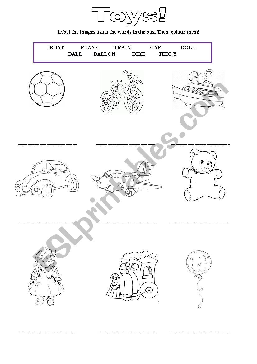 Toys: Label and Colour worksheet