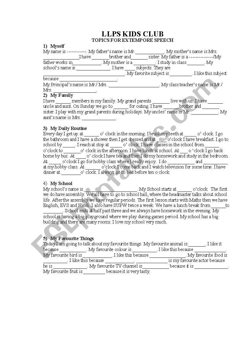 topics for extempore speech worksheet