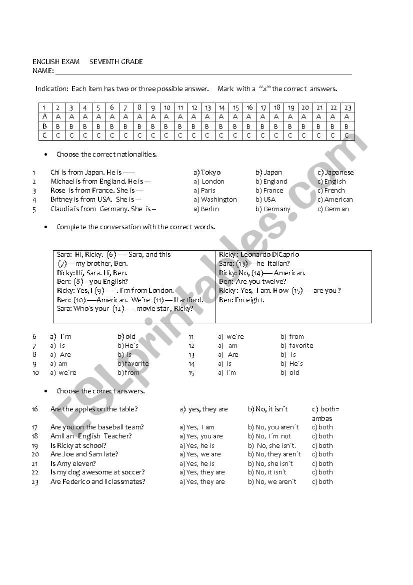 ENGLISH EXAM  7th.  worksheet