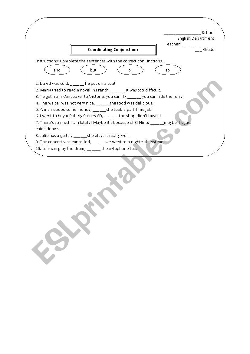 coordinating conjunctions worksheet