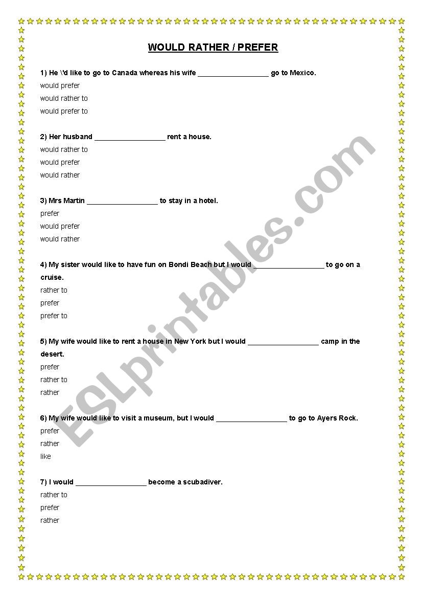 would rather / prefer worksheet