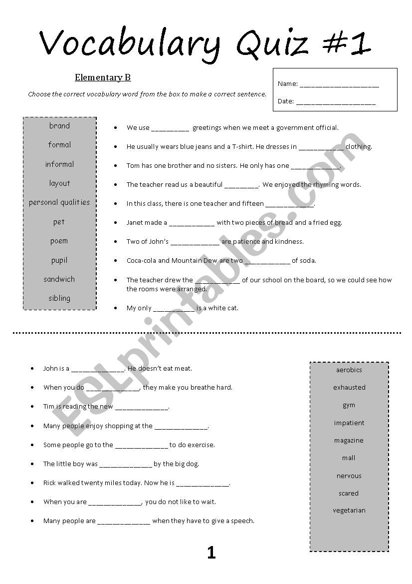 Vocabulary Quiz #1 (Elementary B)