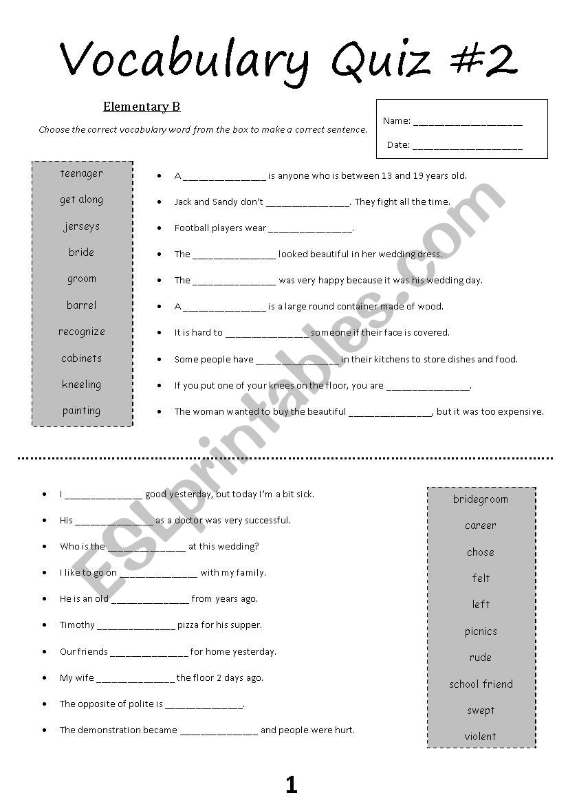 Vocabulary Quiz #2 (Elementary B)