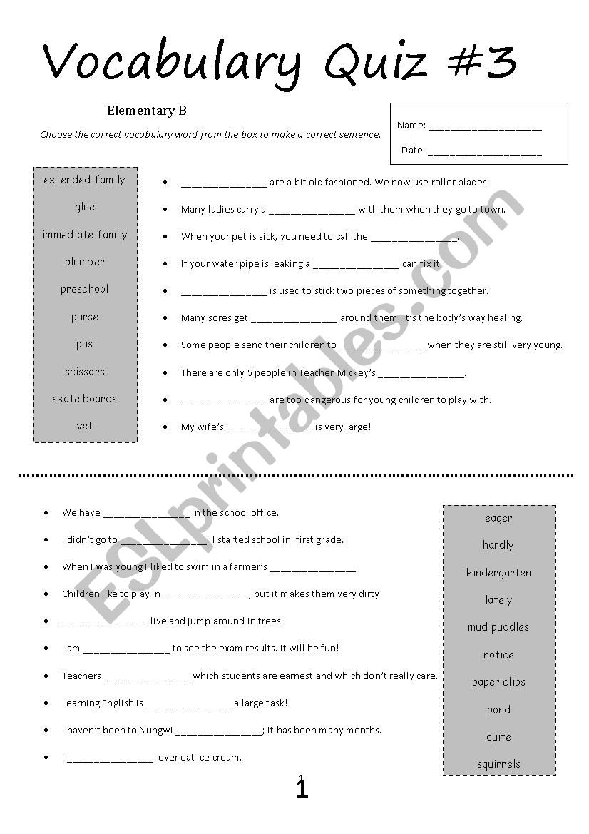 Vocabulary Quiz #3 (Elementary B)