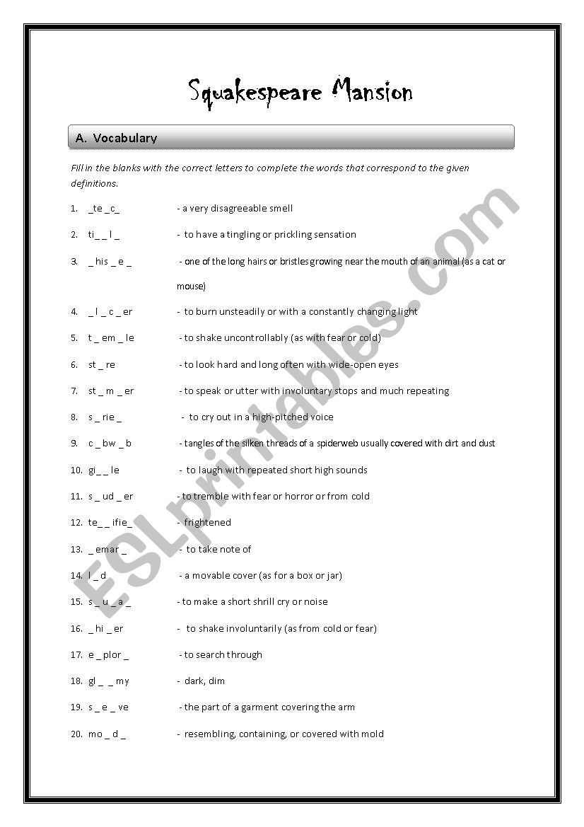 Squakespeare Mansion worksheet