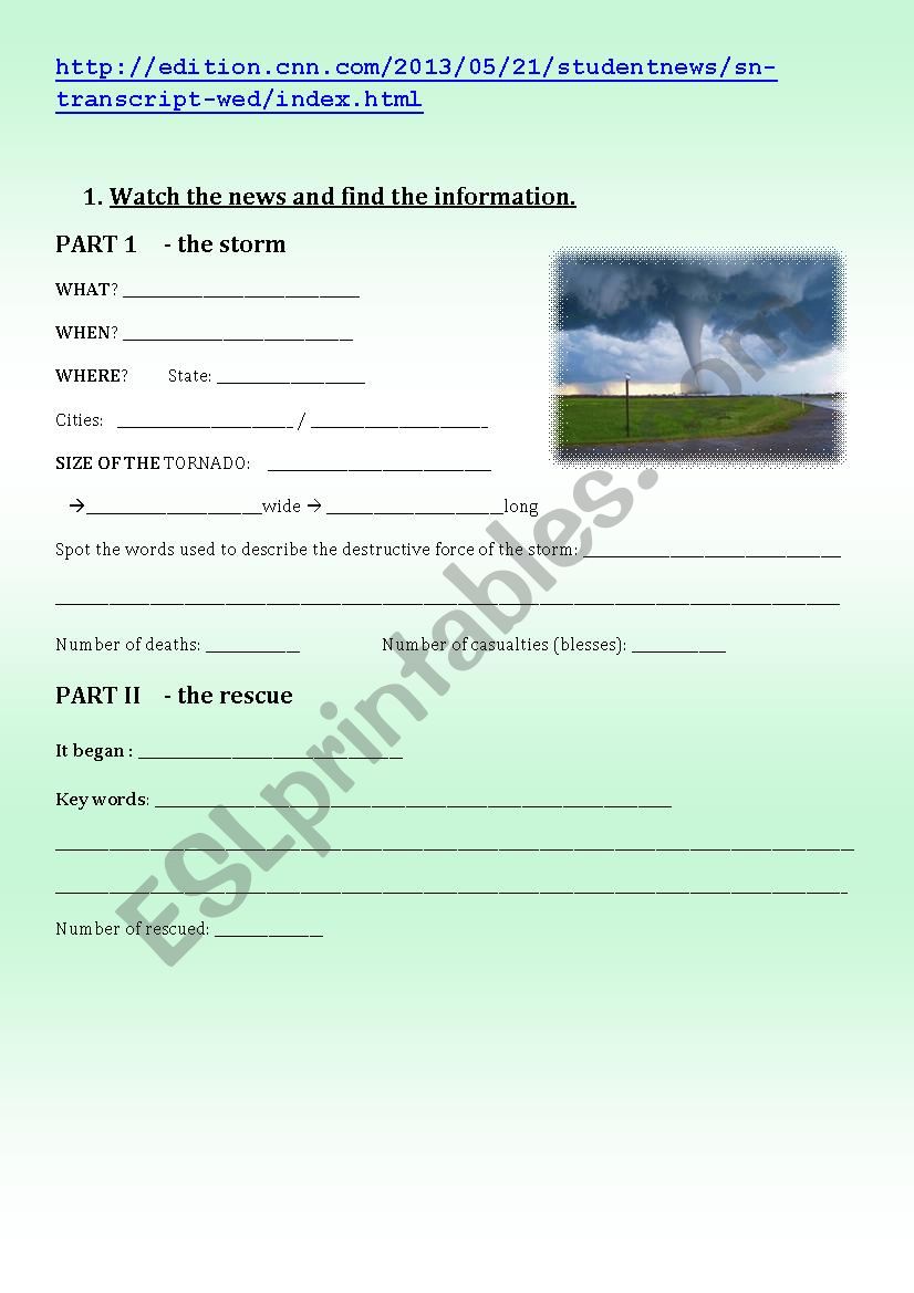 cnn student new tornadoes - ESL worksheet by carolinephelps Inside Cnn Student News Worksheet