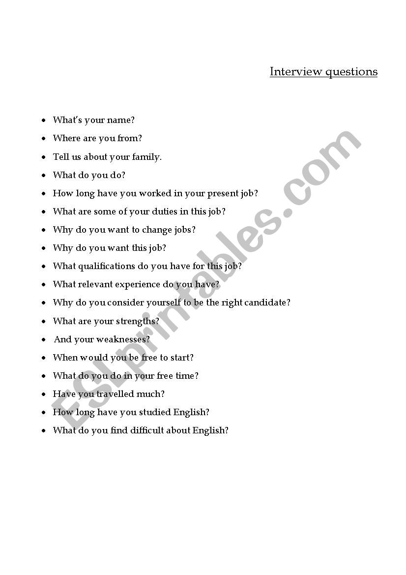 Job interview questions worksheet