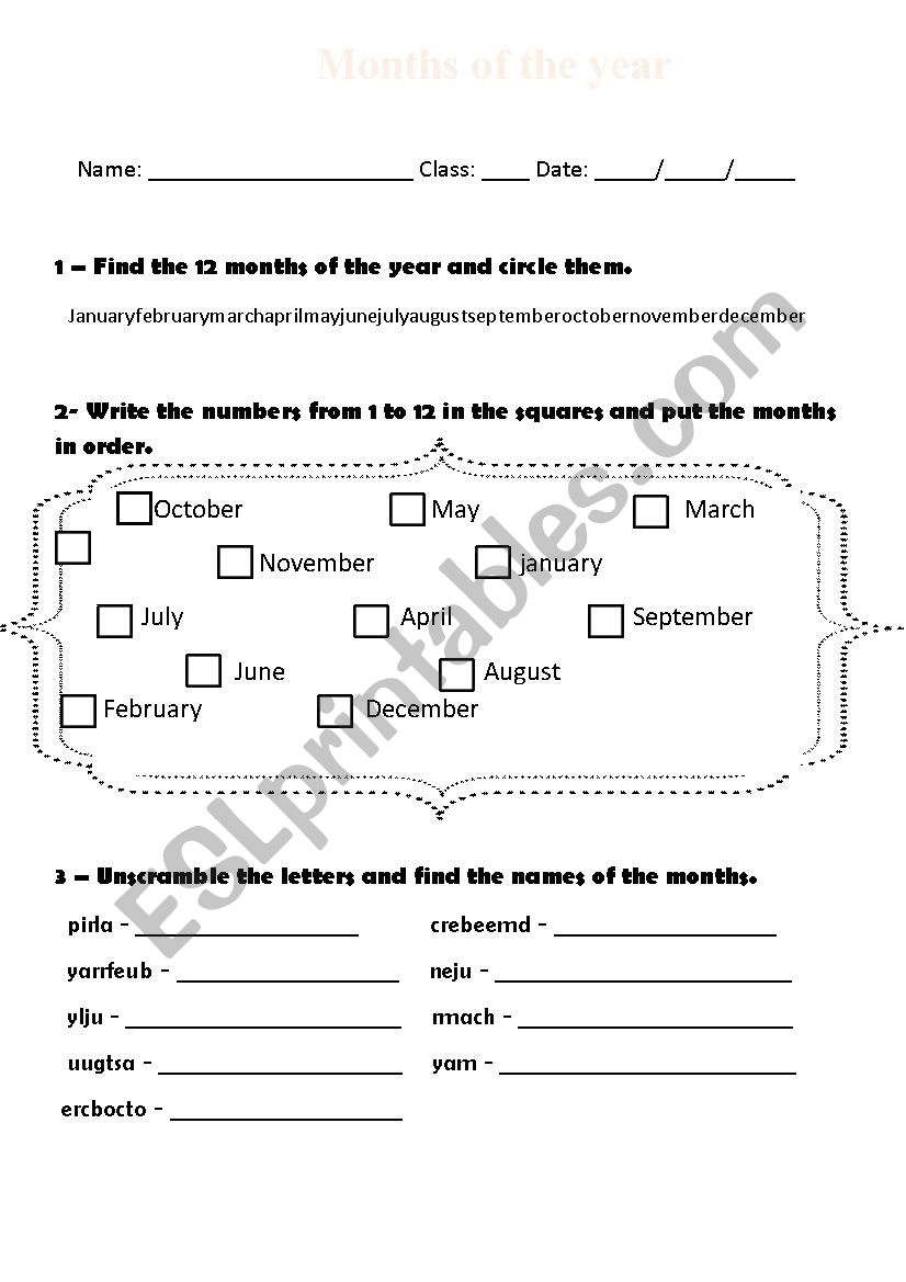 months of the year worksheet