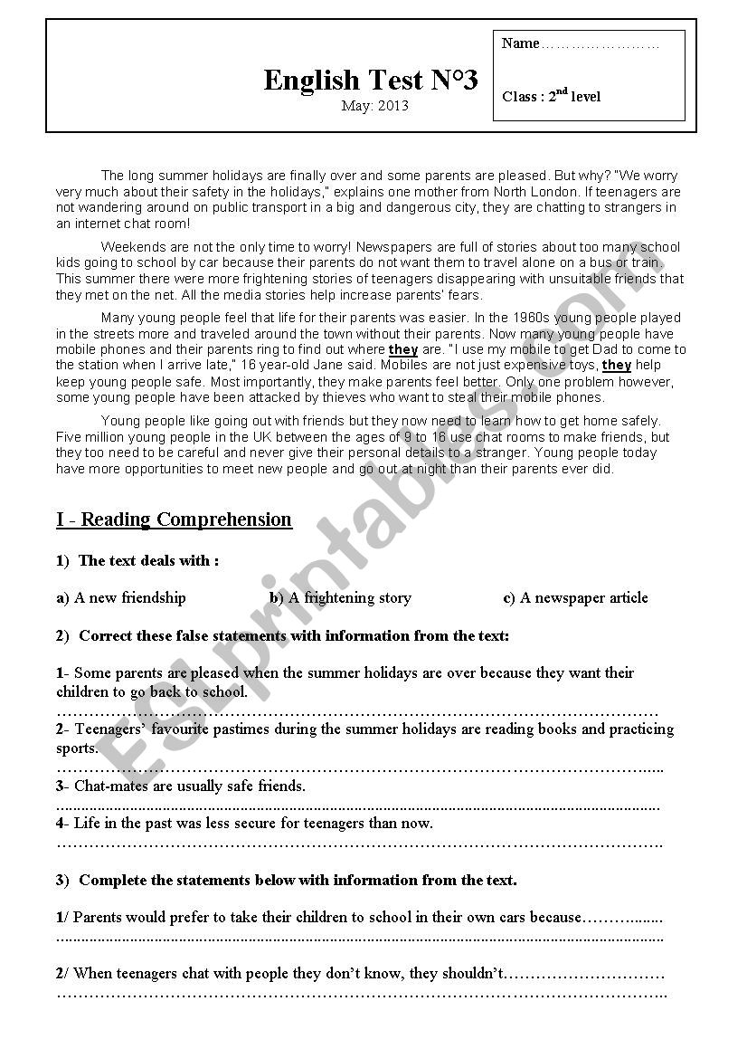 English Test N3 2nd form worksheet