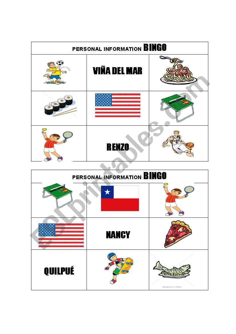 Personal Information Bingo worksheet