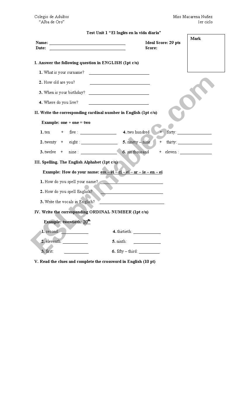 Test about cardinal and ordinal numbers, personal information and months 