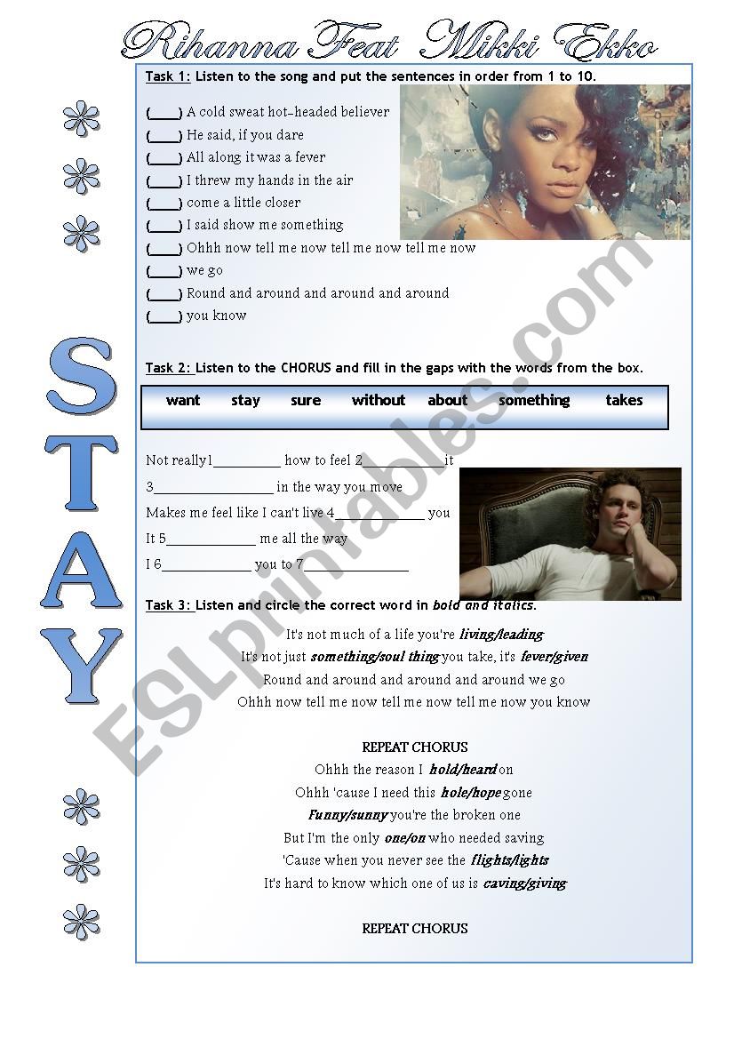 Stay Rihanna worksheet