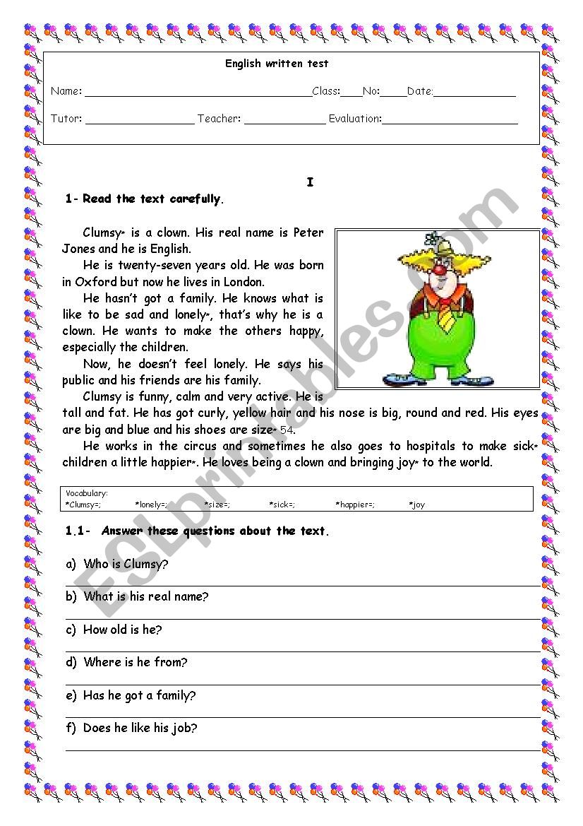 Test 5th grade worksheet