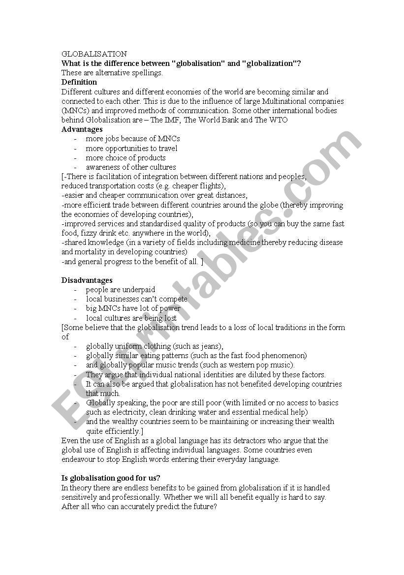 GLOBALISATION worksheet