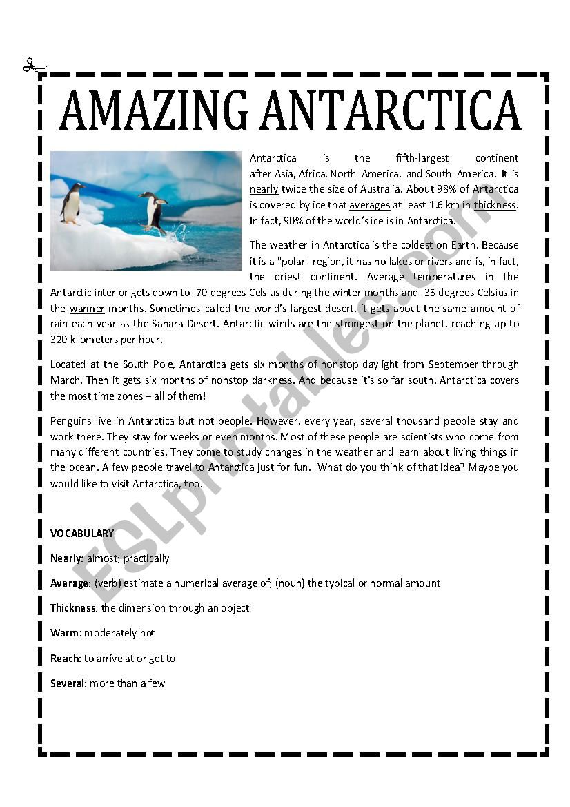 Antarctica - Reading Comprehension (3 pages + key)