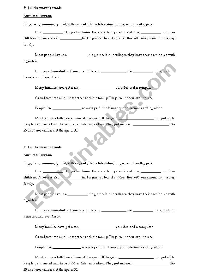Families in Hungary worksheet