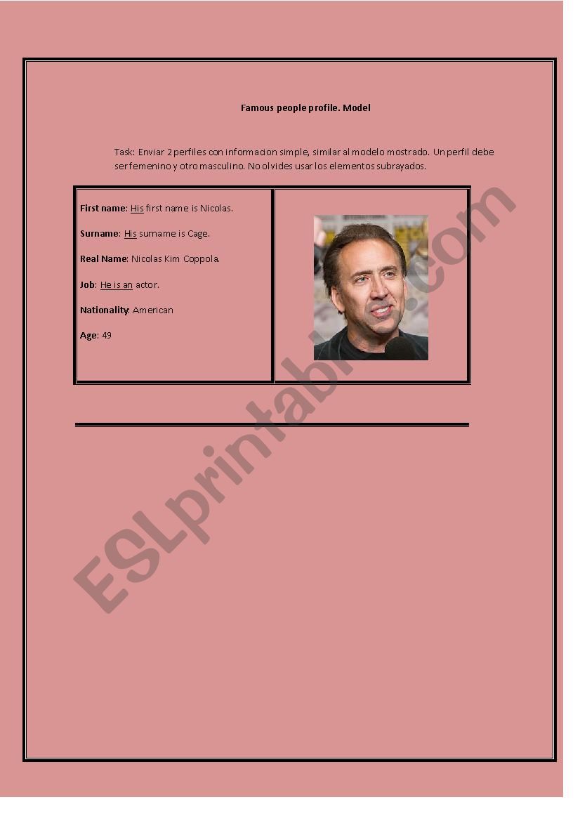 Famous people profile. Model worksheet