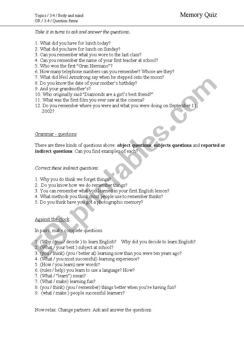 Memory Quiz worksheet