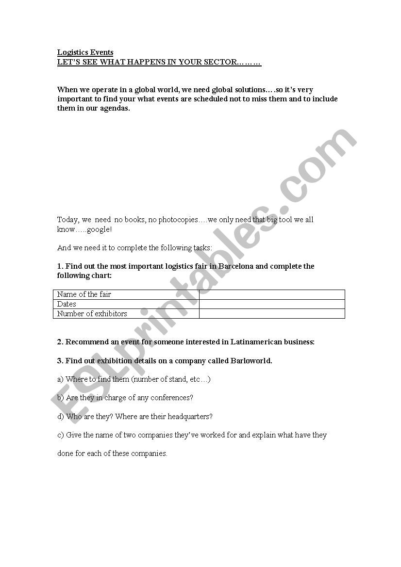 logistics events worksheet