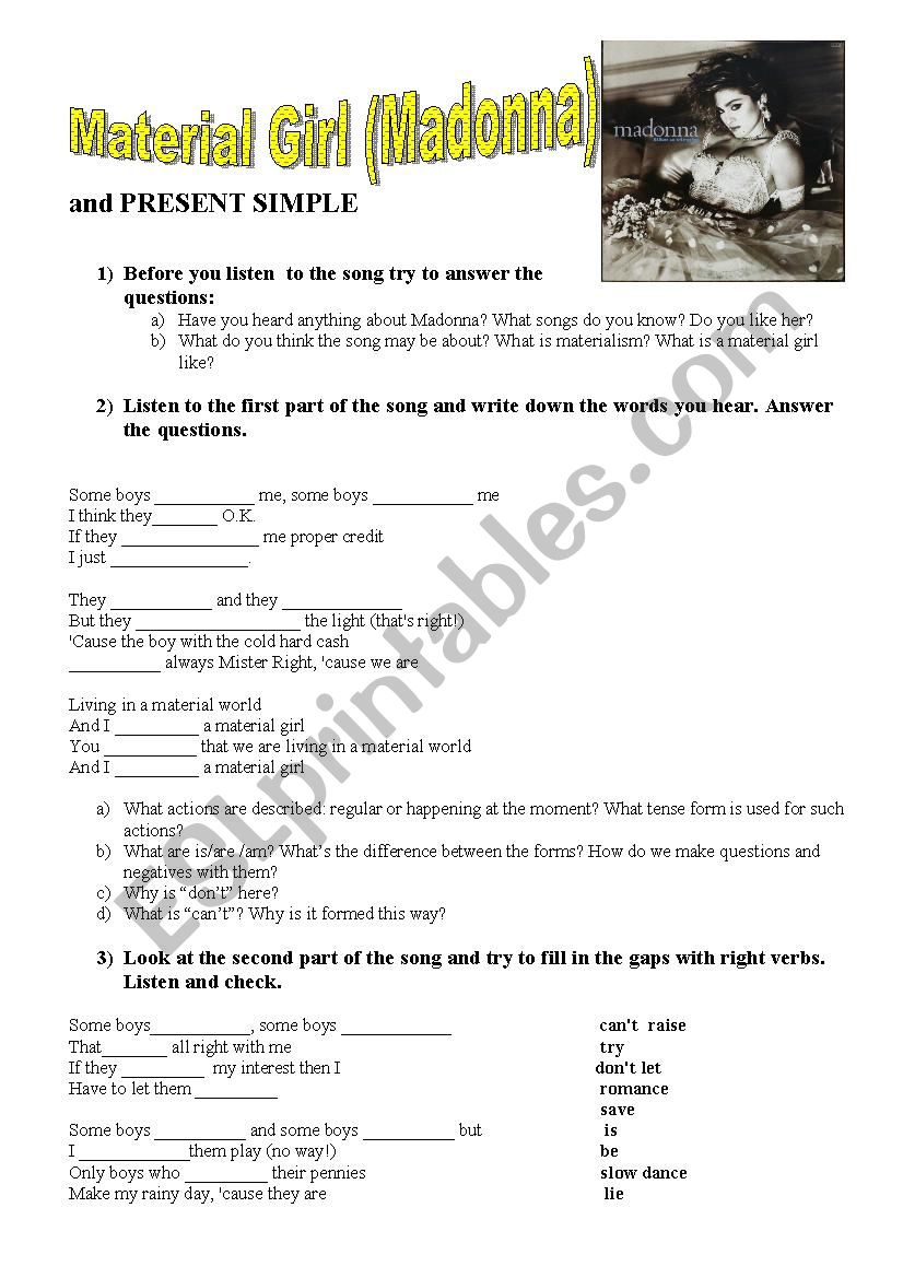 Present Simple with Madonna worksheet