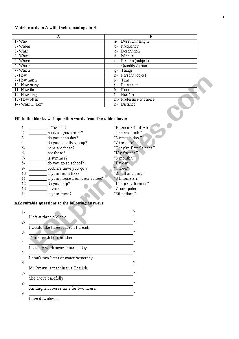 qauestion words worksheet