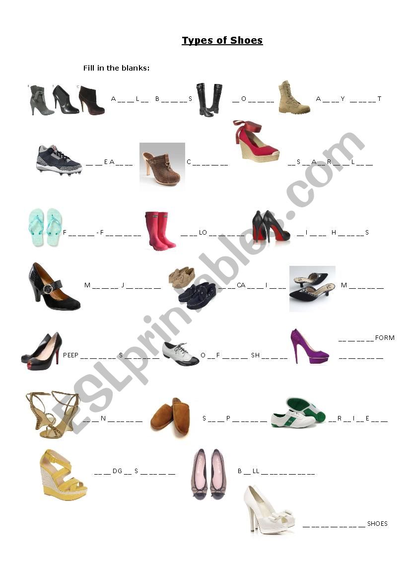 Types of Shoes Exercises worksheet Types of Shoes Exercises worksheet