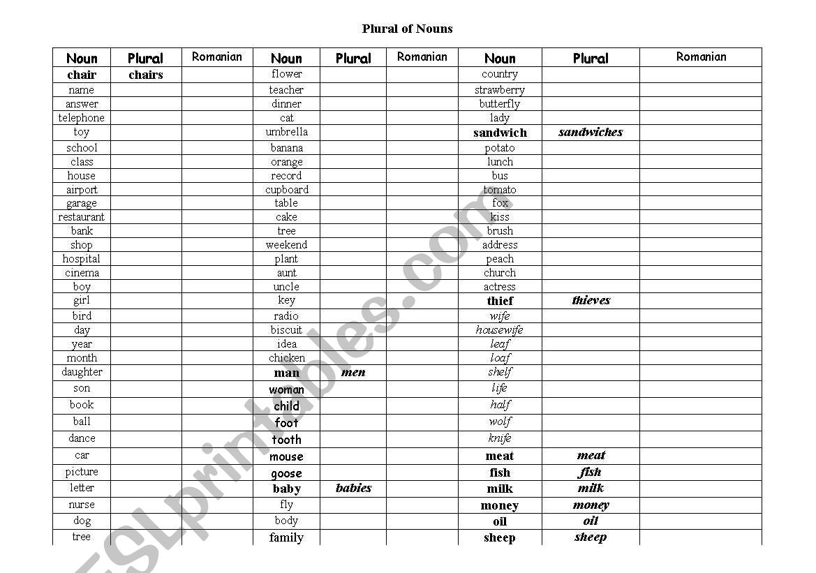 Plural of Nouns worksheet