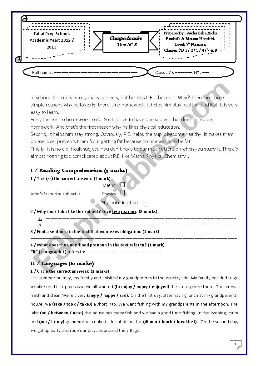 Comprehensive Test worksheet