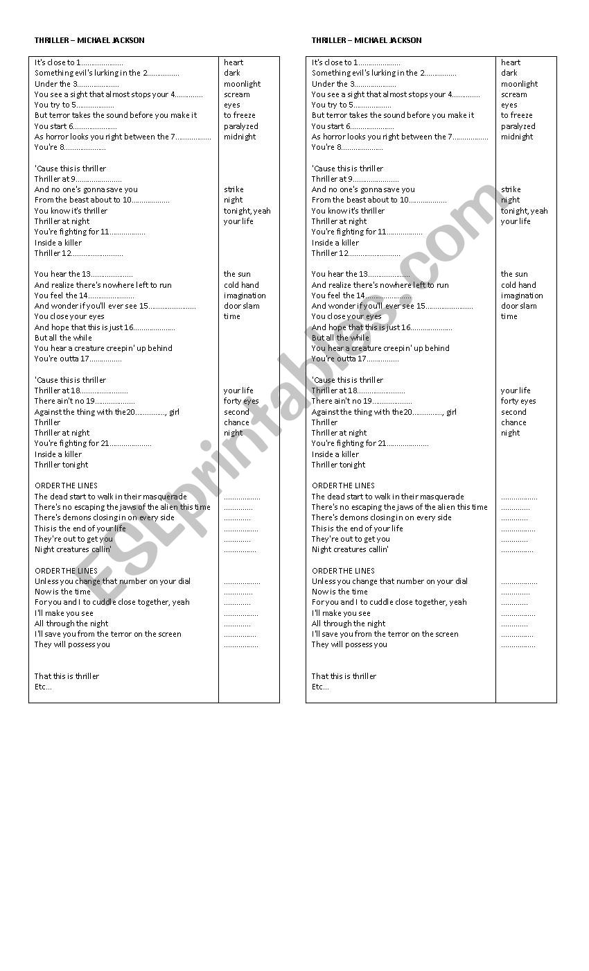 thriller - Michael jackson worksheet