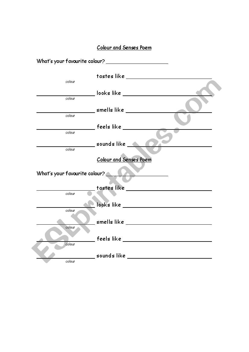 Colour and Senses Poem worksheet