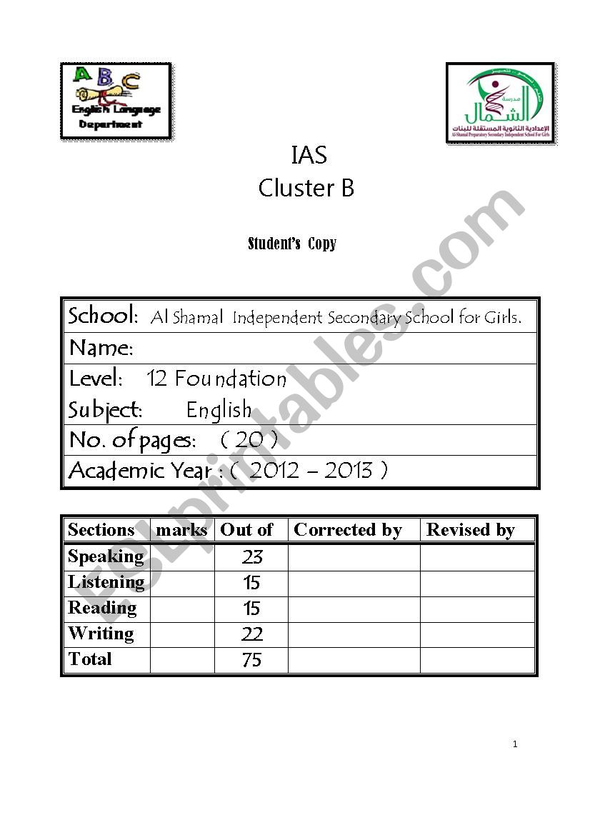 cluster B - exam  grade 12  worksheet
