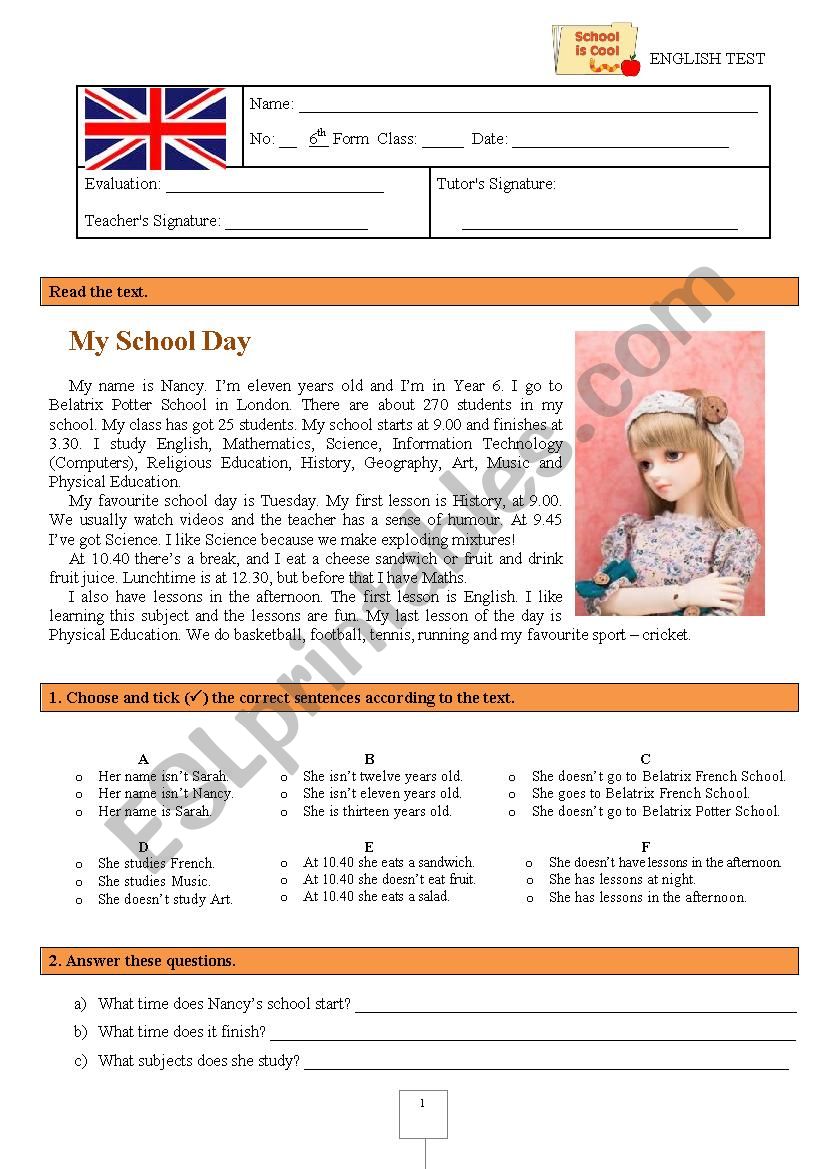 Test  (6th grade) - My school day