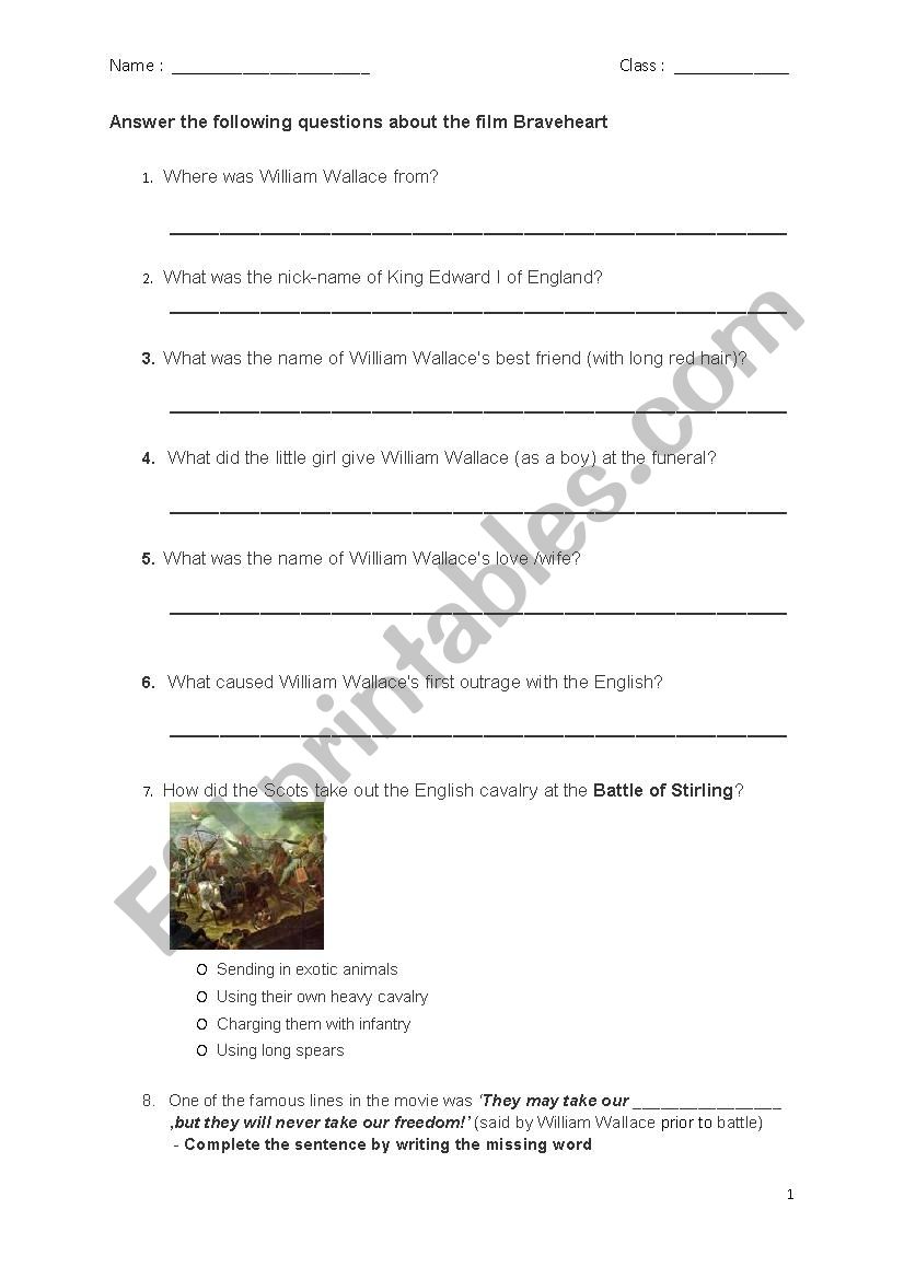 Braveheart Movie Questions worksheet