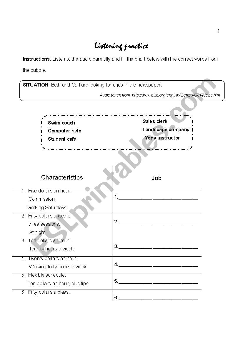 Jobs worksheet