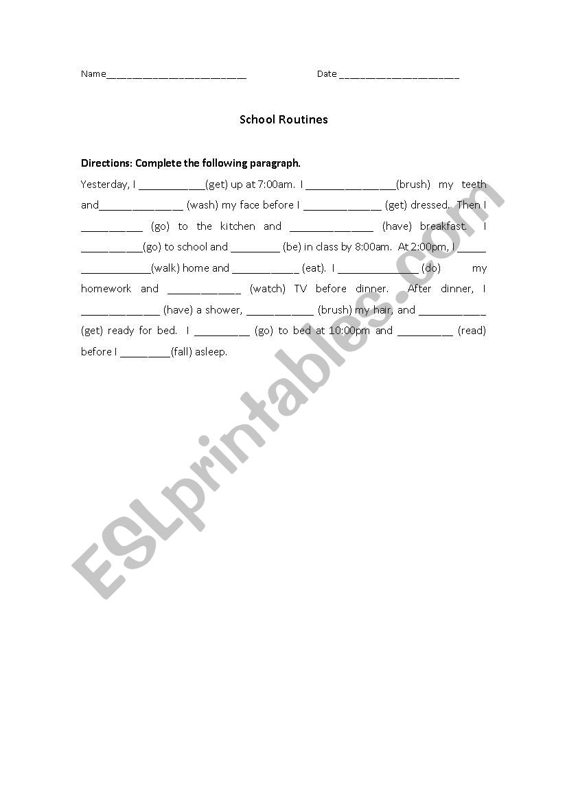 School day in the past simple worksheet