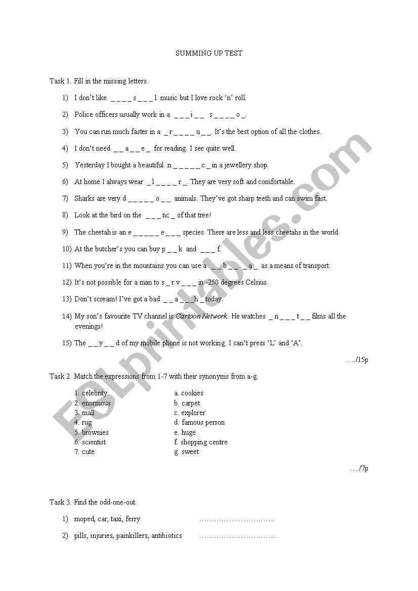 summing up test worksheet