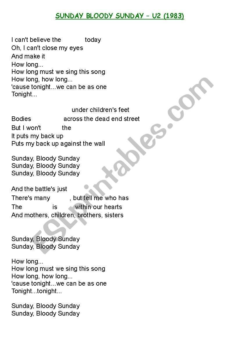Sunday Bloody Sunday by U2 worksheet