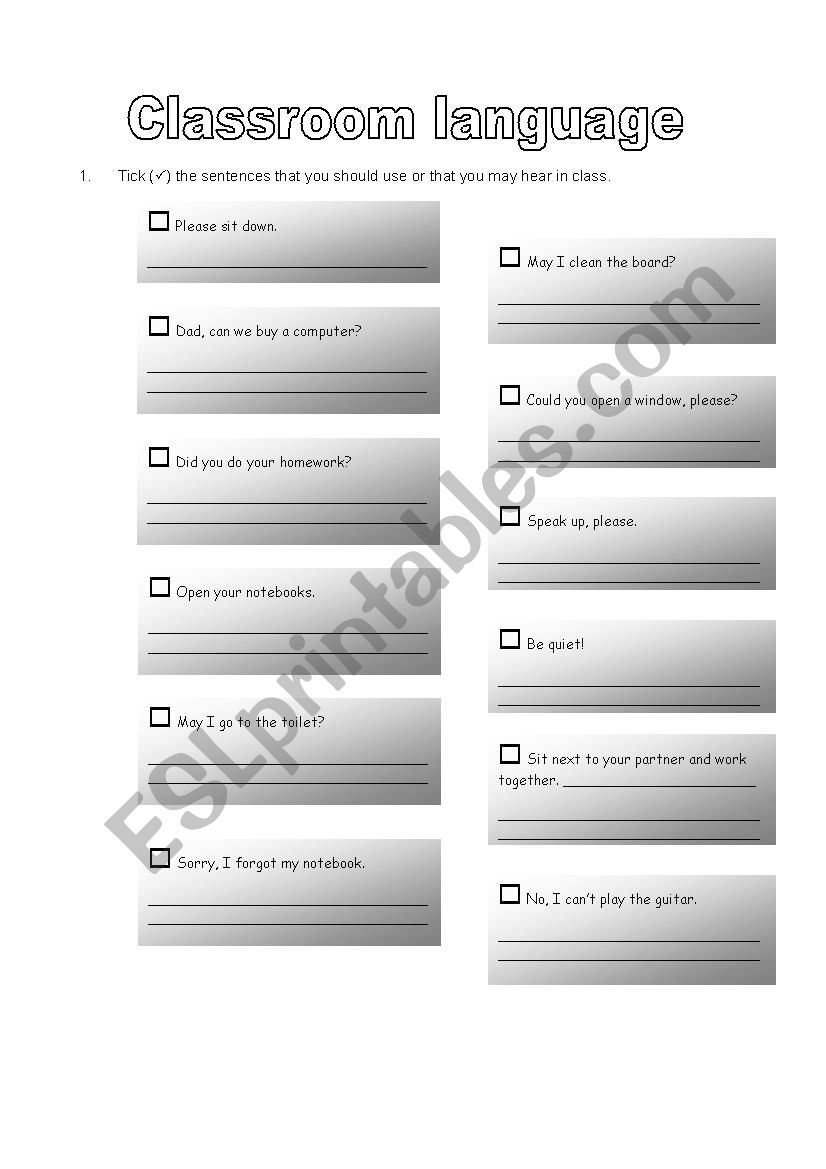 Classroom language worksheet