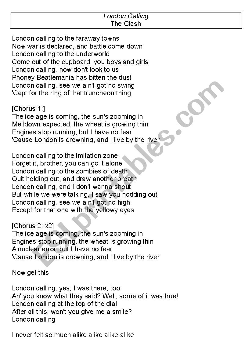 London Calling by the Clash worksheet