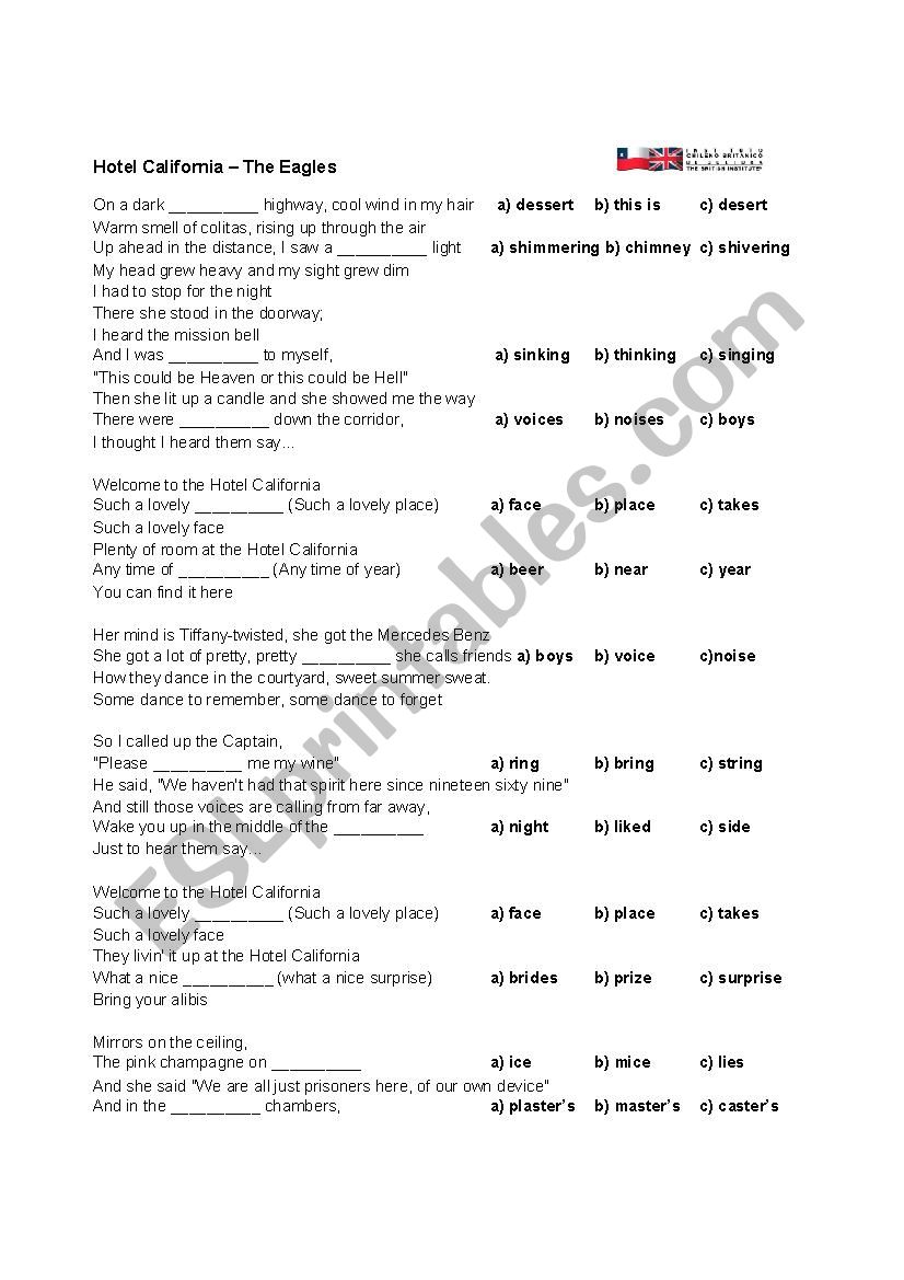 Hotel California song worksheet