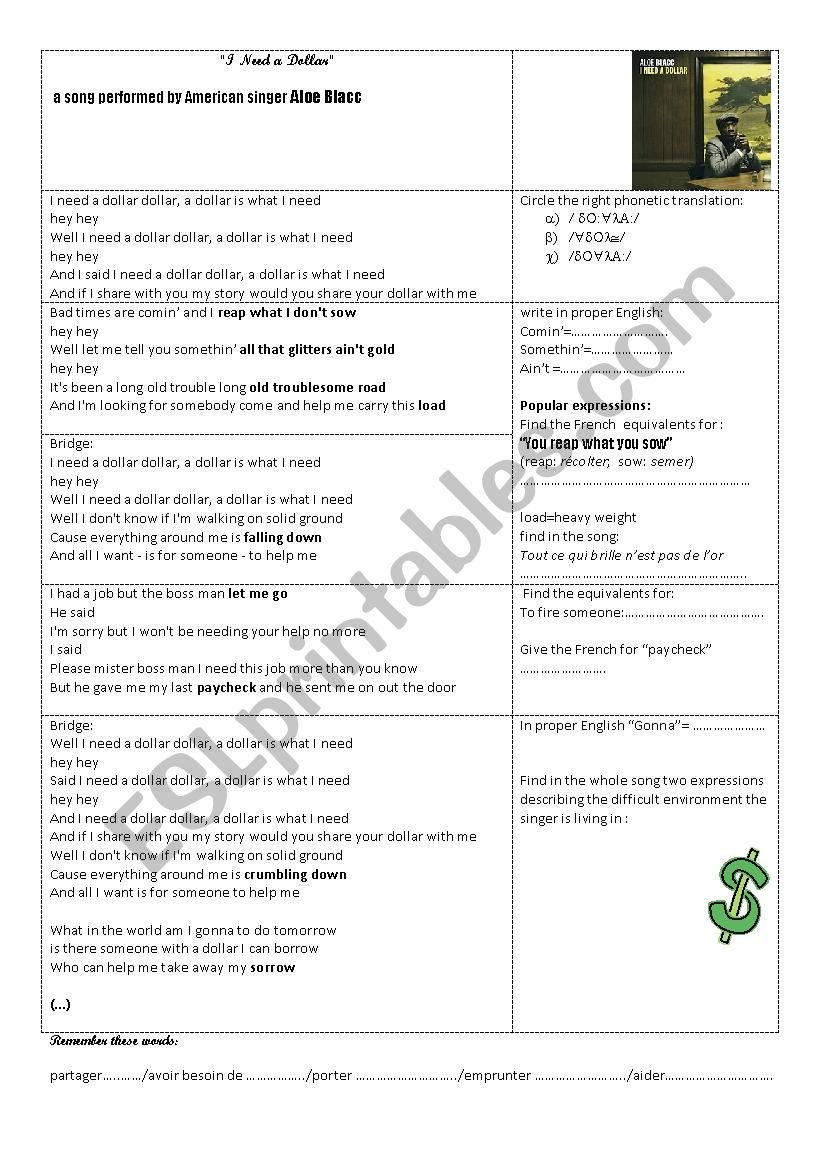 I need a dollar by Aloe Blacc worksheet