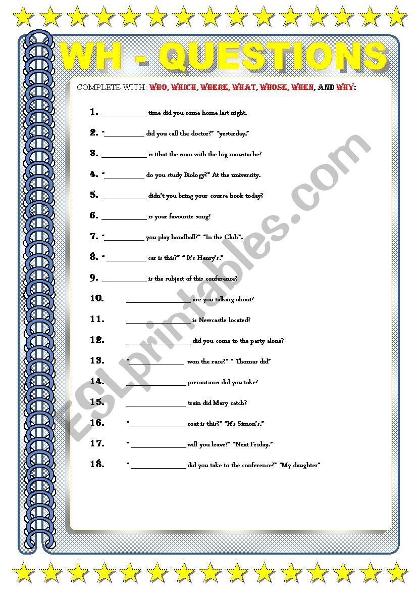 wh - questions - gap filling worksheet