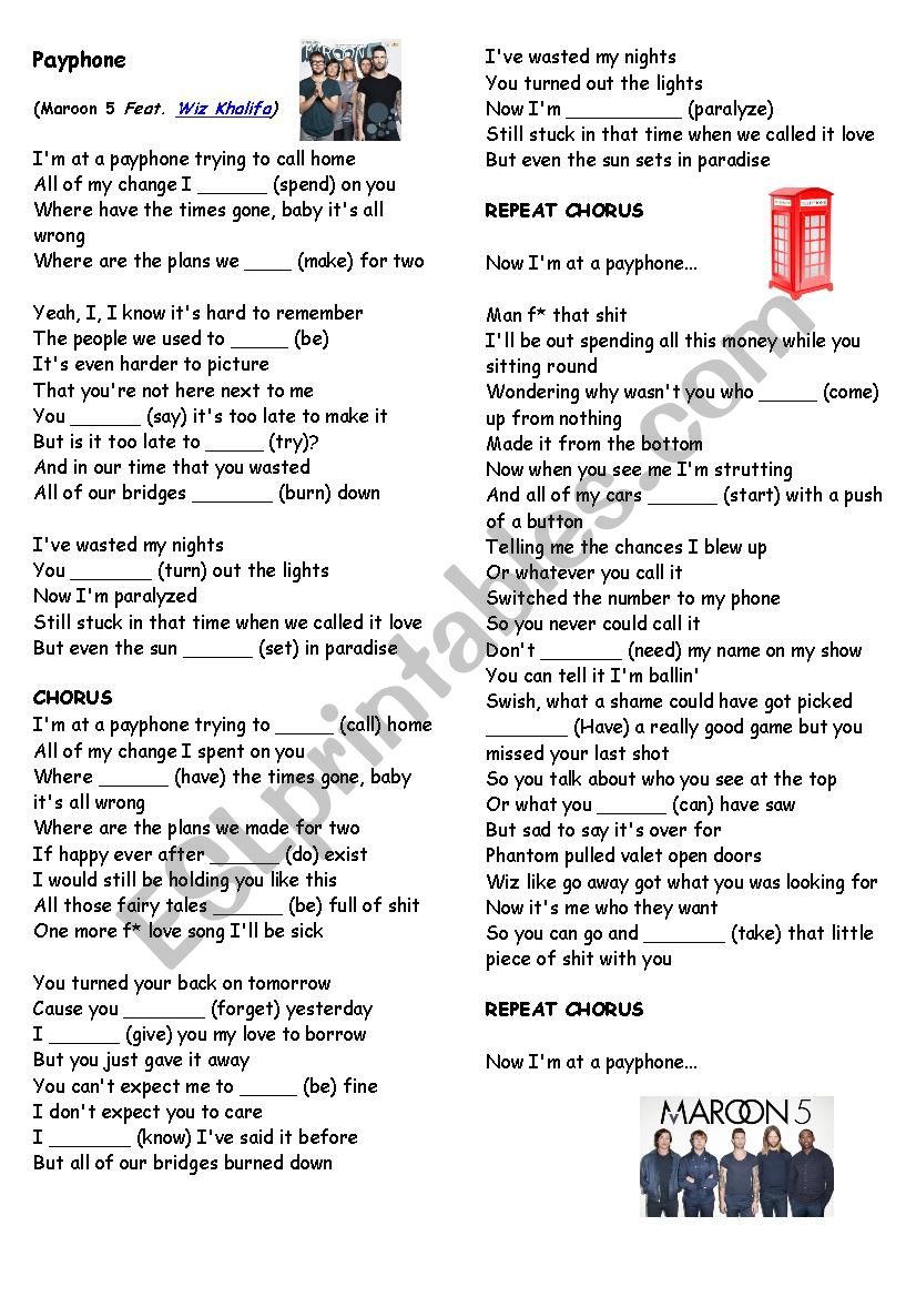 Payphone - Maroon 5 worksheet