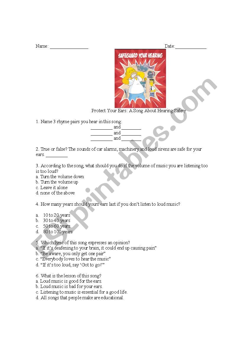 Hearing Safety Song Worksheet worksheet