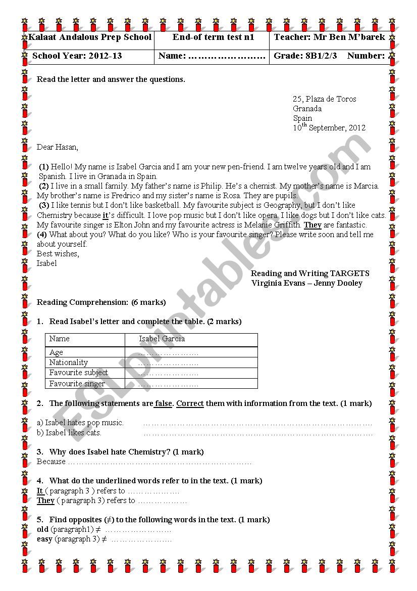 end-of-term test1 worksheet