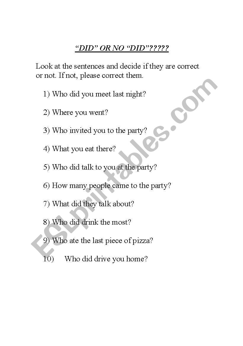 Did or no Did? worksheet