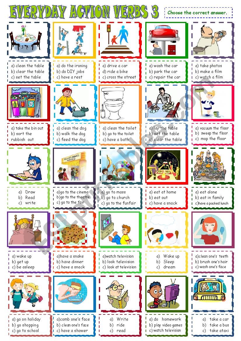 EVERYDAY  ACTION VERBS/MULTIPLE CHOICE ACTIVITY 3