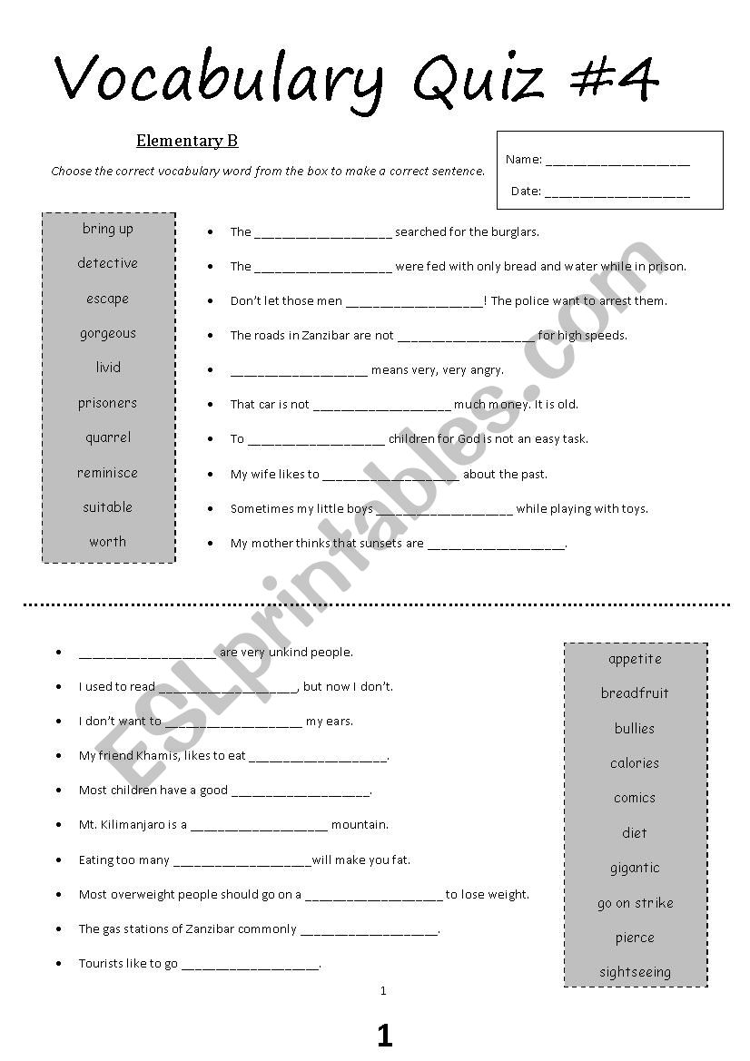 Vocabulary Quiz #4 (Elementary B)