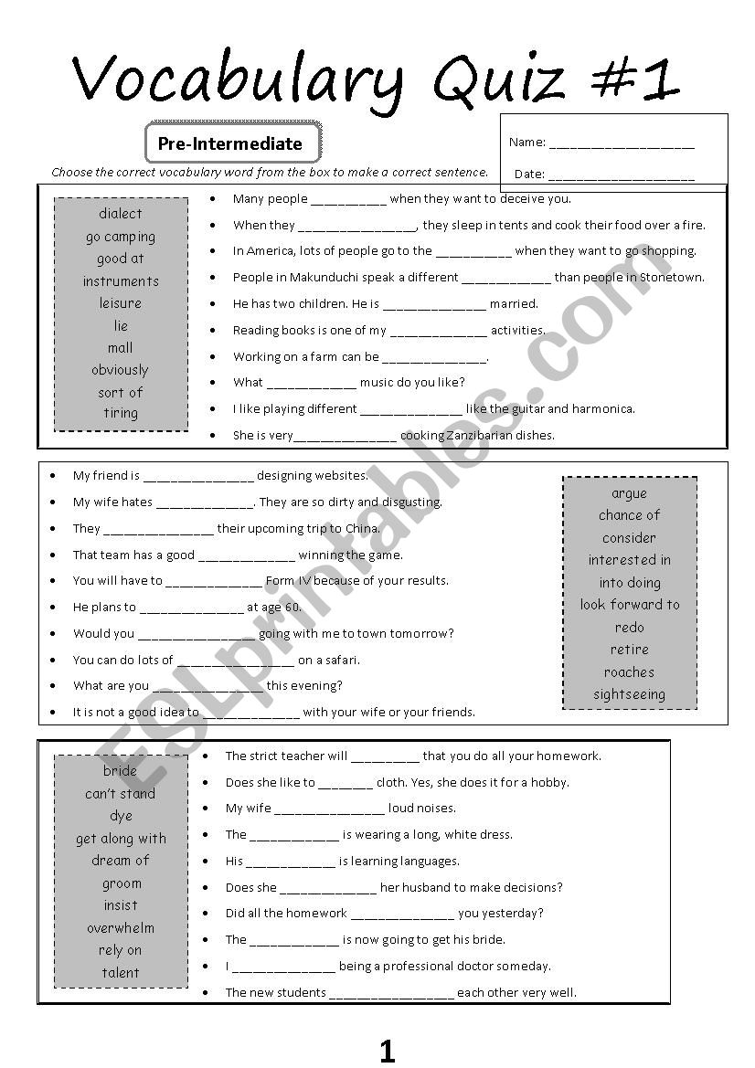 Vocabulary Quiz #1 (Pre-Intermediate)